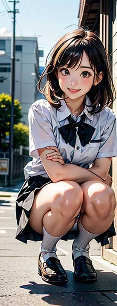 (msfw:1.3), (Realistic, photo Realistic:1.2), ((highest quality)), Shift the center of gravity backwards, Quite embarrassing, White panties, (Showing panties:1.4),タイトskirt, (Panty shot:1.3), (skirtをまくり上げる:1.3), (Squat:1.4), (Spreading pussy:1.2), Place your heels on the ground, Please spread your legs a little, Squat with your knees up, Attach your butt to the ground, brown penny loafers, Beautiful facial details, Real human skin, Gentle expression, Front view, angle From below, Realistic, photoRealistic, cute, skirt, Squat deep on school grounds, cute school girl, Japanの女子高生の制服, Haruka Hirose、Left 4 Dead Arcade、Japan 、Short Bob、Brown Hair、black eye、Mid-breasted、((White short sleeve shirt、Grey bow tie、グレーのチェック柄skirt、グレーのプリーツskirt、White High Socks))、JK Uniform、Frayed uniform、cute女子高生, whole body,smile, 自然なsmile, cutesmile, 魅惑的なsmile, (Looking at the audience:1.2), from before, From below,