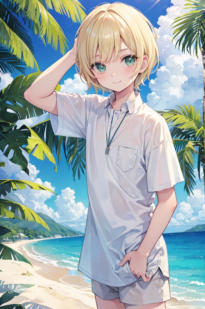 Blonde Short Hair Green Eyes boy Beautiful boy shirt blue sea White sand beach Light of the sun smartphone Selfie smile
