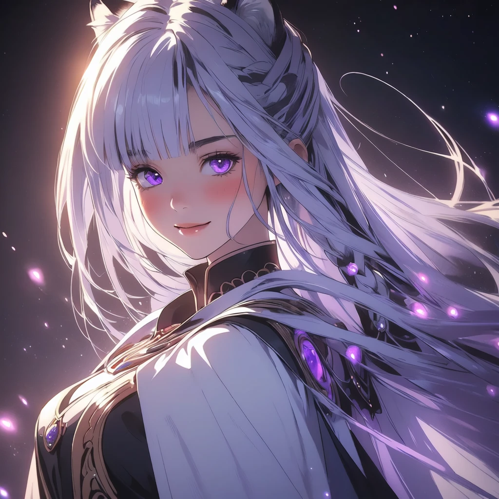 ((masterpiece)), (best quality), (ultra-detailed), photorealistic, (best illustration), ((an extremely delicate and beautiful)), 1girl, solo, long hair, tiger ears, [:tiger tail under:0.2], white hair, two-tone hair, full body, knight armor, crimson glowing details on armor, amulet on neck, Bracelets, crimson crystals in Bracelets, long lilac cape, open eyes, evil purple eyes, looking at viewer, malicious smile, blush, in space, goddess, low twin braids, loosen hair, quiet gesture, white armor, cybernetic armor, hyper detailed space,best illumination. 
