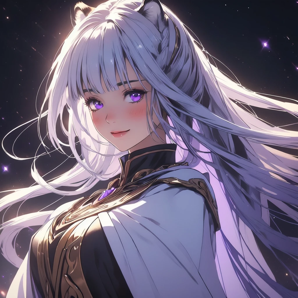 ((masterpiece)), (best quality), (ultra-detailed), photorealistic, (best illustration), ((an extremely delicate and beautiful)), 1girl, solo, long hair, tiger ears, [:tiger tail under:0.2], white hair, two-tone hair, full body, knight armor, crimson glowing details on armor, amulet on neck, Bracelets, crimson crystals in Bracelets, long lilac cape, open eyes, evil purple eyes, looking at viewer, malicious smile, blush, in space, goddess, low twin braids, loosen hair, quiet gesture, white armor, cybernetic armor, hyper detailed space,best illumination. 