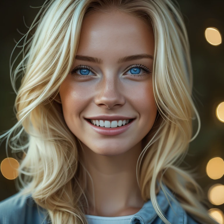 summer6, belle blonde, la nuit, campagne, ville lights, Realistic, la photographie, selfie, sourire, yeux bleus, elegant outfit