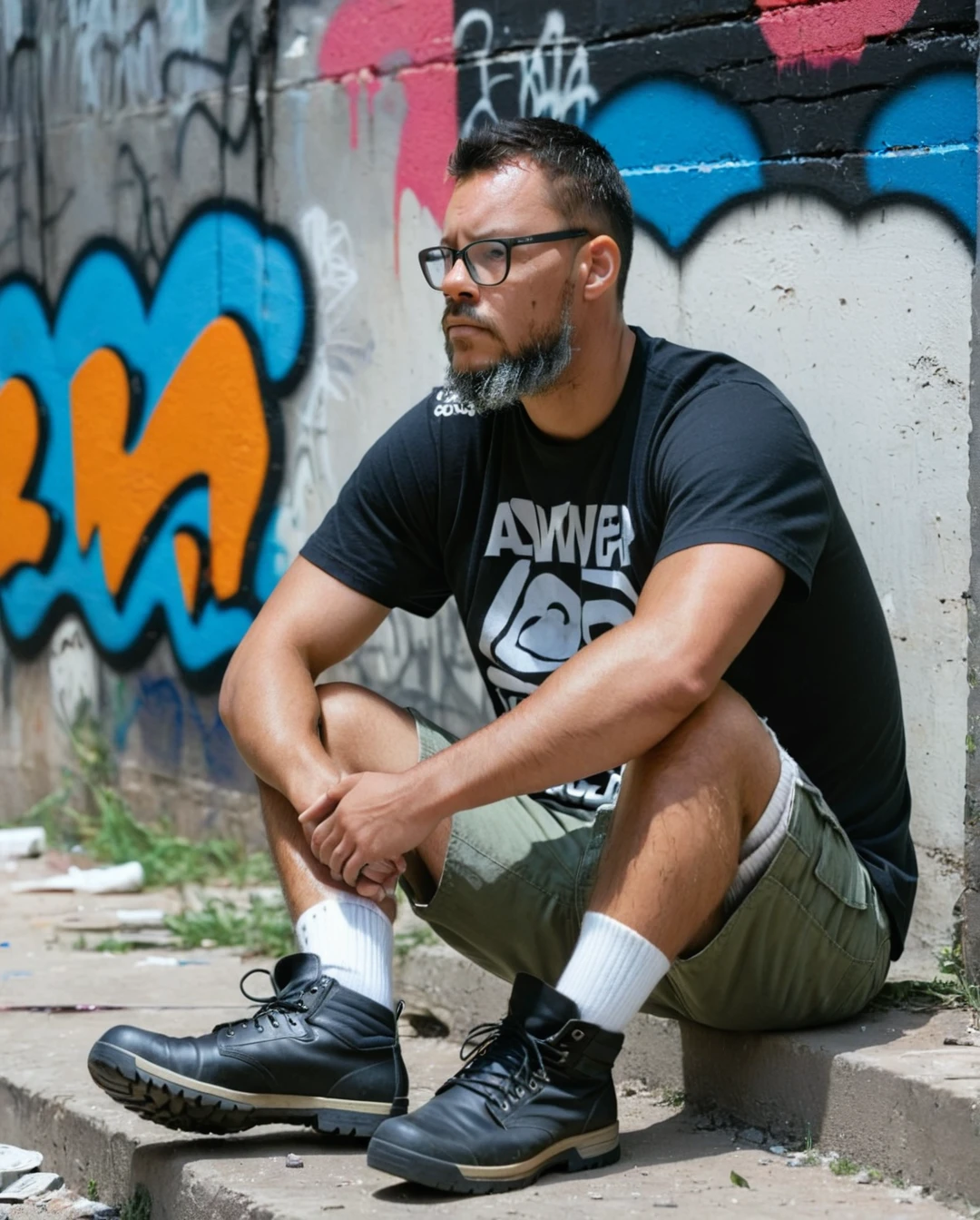 gutto2024abr, A full-body close-up professional RAW photograph of a man with glasses, beard and short military-cut black hair. He is wearing a t-shirt, cargo shorts, high-top adventure boots, and white socks. The man is sitting on the ground, leaning against a graffiti-covered wall in ruins. His hands are on his head, with his elbows resting on his knees, appearing very sad and despondent. The lighting is dark and heavy, capturing intricate details of his skin. Ultra-realistic with ultra-detail, emphasizing the somber mood and the vibrant, colorful, dilapidated surroundings.