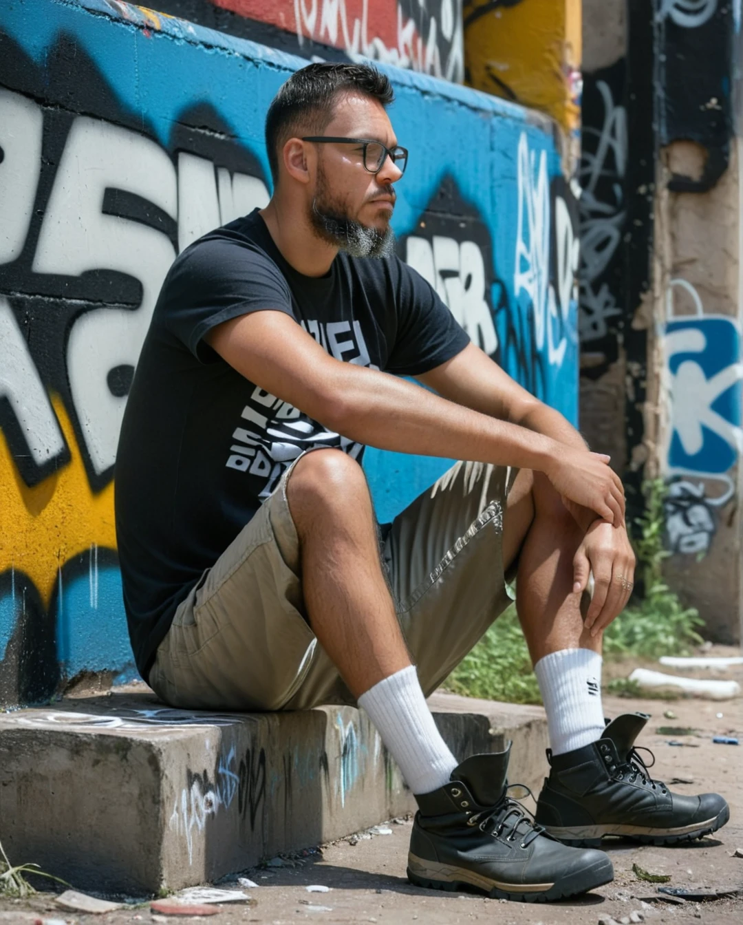 gutto2024abr, A full-body close-up professional RAW photograph of a man with glasses, beard and short military-cut black hair. He is wearing a t-shirt, cargo shorts, high-top adventure boots, and white socks. The man is sitting on the ground, leaning against a graffiti-covered wall in ruins. His hands are on his head, with his elbows resting on his knees, appearing very sad and despondent. The lighting is dark and heavy, capturing intricate details of his skin. Ultra-realistic with ultra-detail, emphasizing the somber mood and the vibrant, colorful, dilapidated surroundings.