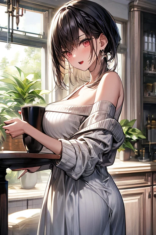 masterpiece, yor, 1girl, Amazing Cleavage:1.3, thin waist, big ass, Raised sexy, medium breast: 1.8 posed cleavage:1.2、solo, looking at viewer, open mouth, have a cup of coffee,black hair, red eyes, dress, bare shoulders, jewelry, collarbone, sidelocks, hairband, earrings, indoors, off shoulder, :o, sweater, arms behind back, plant, short hair with long locks, white hairband, off-shoulder dress, sweater dress, off-shoulder sweater, red sweater, big side hair, very long side hair,is rendered in (masterpiece: 1.2, best quality), with (ultra high resolution) and an exquisite (depth of field). This masterpiece is not only visually stunning but also tells, make of cake cooking ,in the kitchen