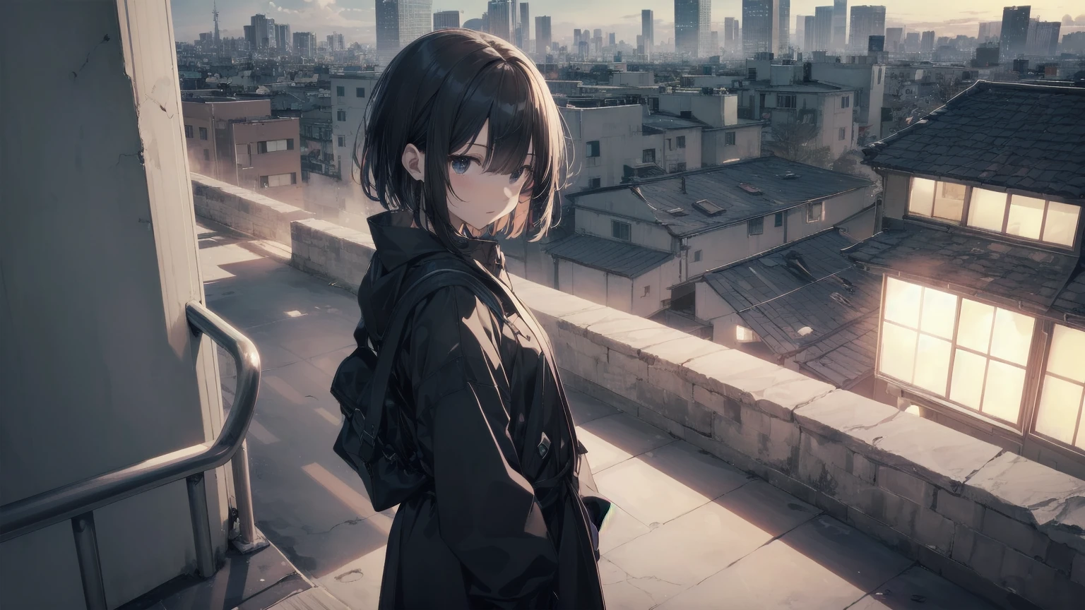 Ninja... Cool and... fast.！God Quality,  Anime Moe Art Style,Best Anime 8K Konachan Wallpaper,Amazing Anime 8K,Perfect Anatomy, (Please draw a picture of a ninja girl looking down on the city from a rooftop..)From above at an angle,Dutch Angle,break, One girl is a ninja, (alone,change,,13 years old:1.3), The charm of androgyny, (Very short hair), Blunt bangs, Complete limbs, Full Finger,Flat Chest, Small Ass, between legs, Small eyes,Beautiful black eyes in 8k detail, Stand on the roof of a skyscraper. break,Super detailed,High resolution,Highly detailed skin, Professional Lighting, (cool illustration:1.2),