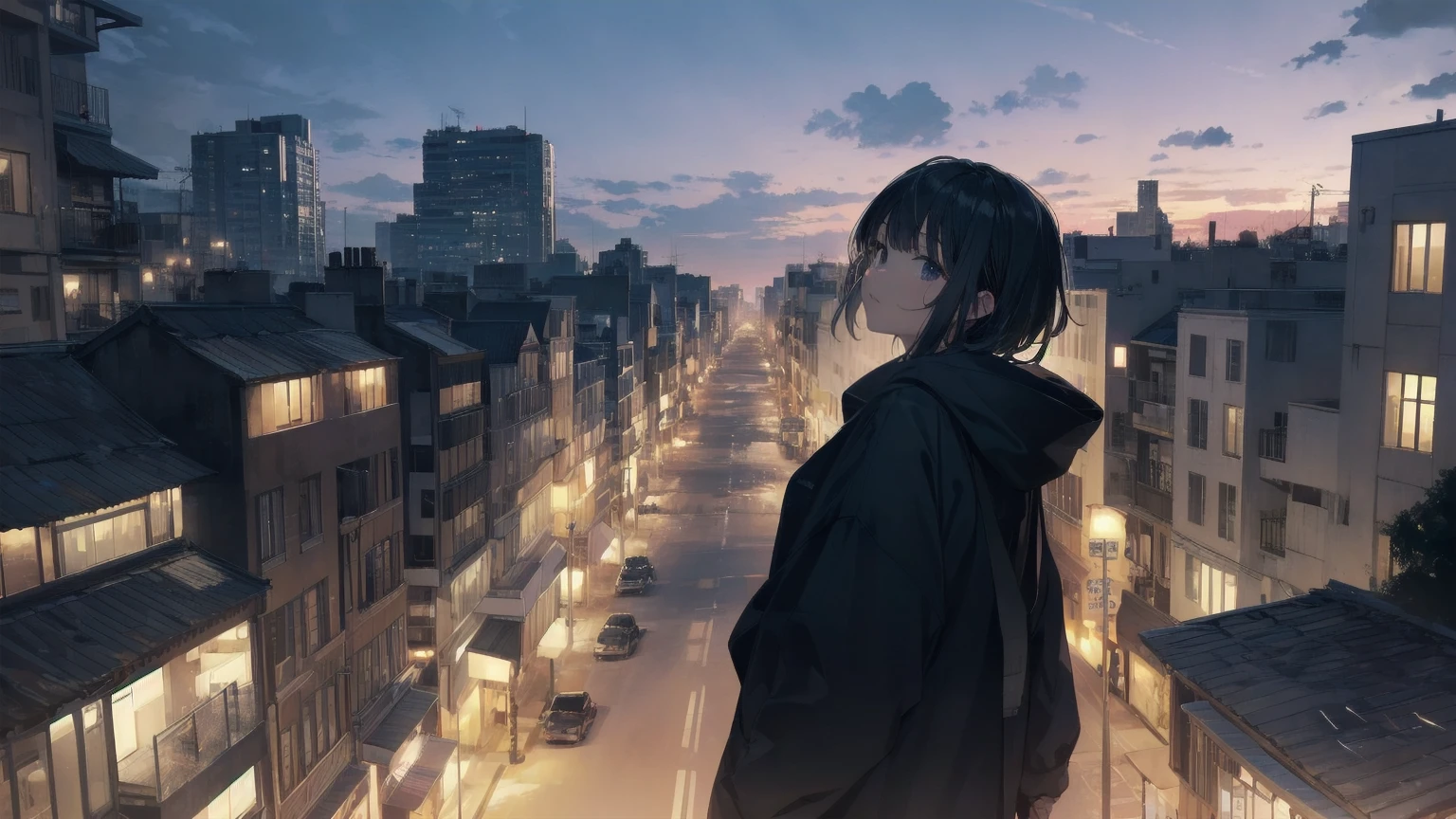 Ninja... Cool and... fast.！God Quality,  Anime Moe Art Style,Best Anime 8K Konachan Wallpaper,Amazing Anime 8K,Perfect Anatomy, (Please draw a picture of a ninja girl looking down on the city from a rooftop..)From above at an angle,Dutch Angle,break, One girl is a ninja, (alone,change,,13 years old:1.3), The charm of androgyny, (Very short hair), Blunt bangs, Complete limbs, Full Finger,Flat Chest, Small Ass, between legs, Small eyes,Beautiful black eyes in 8k detail, Stand on the roof of a skyscraper. break,Super detailed,High resolution,Highly detailed skin, Professional Lighting, (cool illustration:1.2),