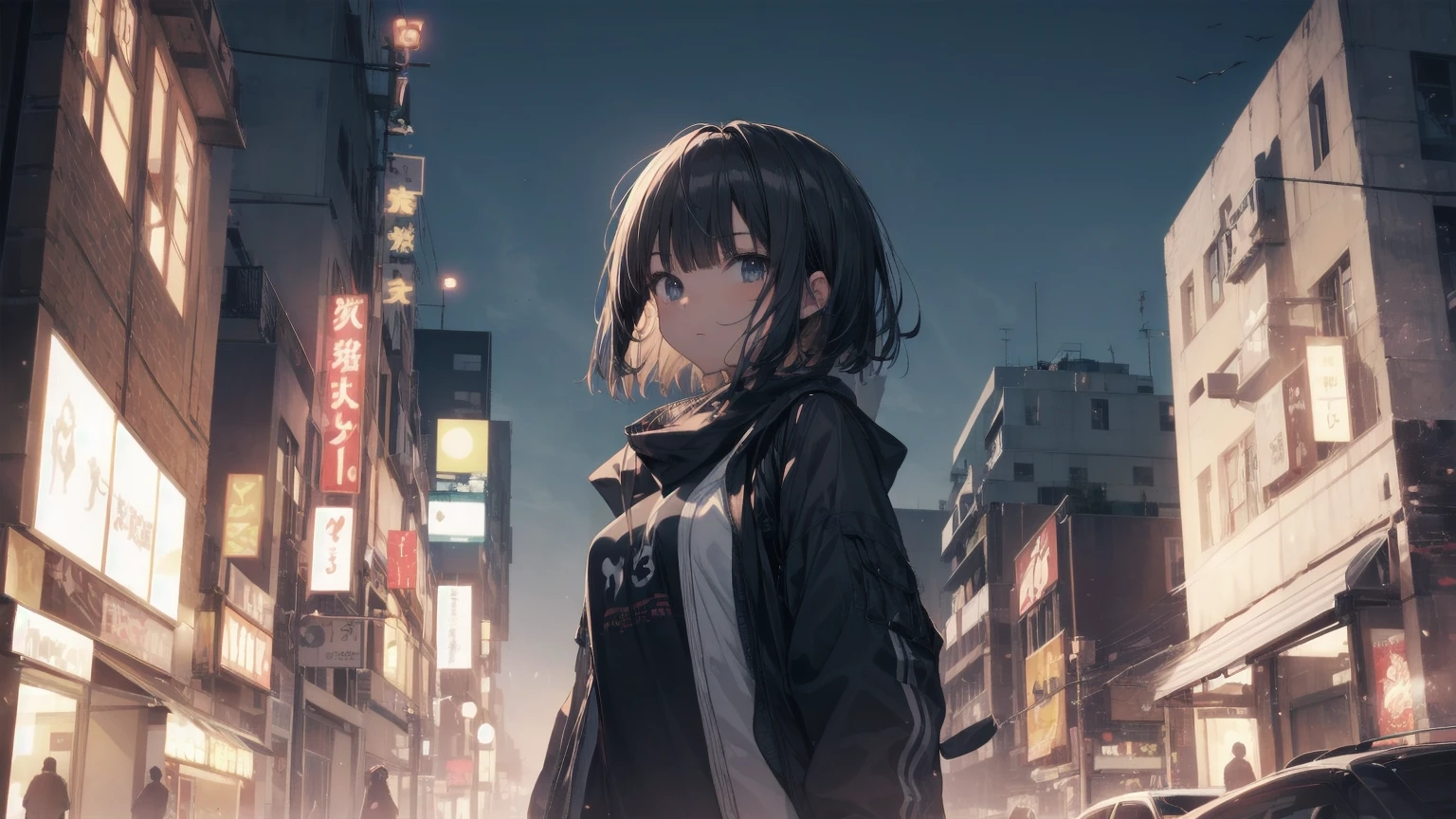 Ninja... Cool and... fast.！God Quality,  Anime Moe Art Style,Best Anime 8K Konachan Wallpaper,Amazing Anime 8K,Perfect Anatomy, (Please draw a picture of a ninja girl looking down on the city from a rooftop..)From above at an angle,Dutch Angle,break, One girl is a ninja, (alone,change,,13 years old:1.3), The charm of androgyny, (Very short hair), Blunt bangs, Complete limbs, Full Finger,Flat Chest, Small Ass, between legs, Small eyes,Beautiful black eyes in 8k detail, Stand on the roof of a skyscraper. break,Super detailed,High resolution,Highly detailed skin, Professional Lighting, (cool illustration:1.2),