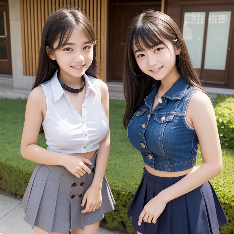 (high quality)、(high resolution)、Two elementary school students、Looking at me with a smile、whole body、Big Breasts、Lace mini skirt、Lace sleeveless shirt、Angle from below