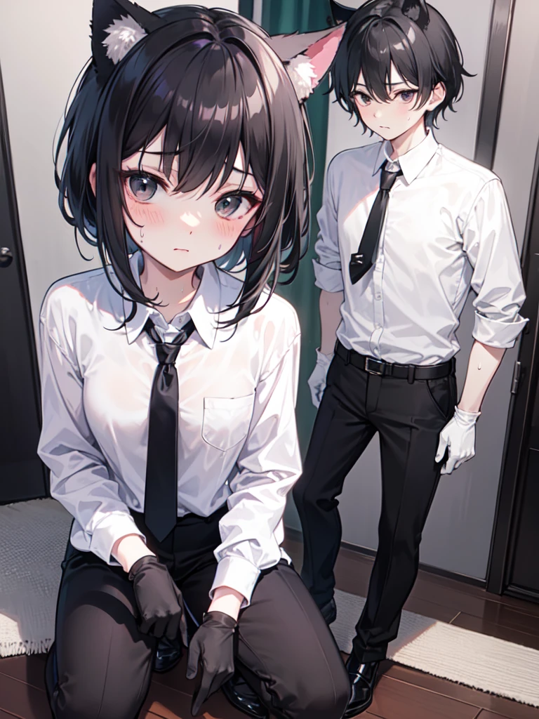 18-year-old Shota,cute,Wear a white long-sleeved shirt and a black work tie,Wear black pants,Wear black booties,Wear white gloves,wear cat ear,Black hair,Black eyes,blush,sweat,Fear,Unwilling,uncomfortable,porn