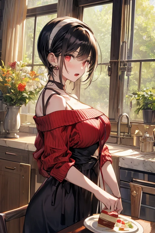 masterpiece, yor, 1girl, Amazing Cleavage:1.3, thin waist, big ass, Raised sexy, medium breast: 1.8 posed cleavage:1.2、solo, looking at viewer, open mouth, have a cup of coffee,black hair, red eyes, dress, bare shoulders, jewelry, collarbone, sidelocks, hairband, earrings, indoors, off shoulder, :o, sweater, arms behind back, plant, short hair with long locks, white hairband, off-shoulder dress, sweater dress, off-shoulder sweater, red sweater, big side hair, very long side hair,is rendered in (masterpiece: 1.2, best quality), with (ultra high resolution) and an exquisite (depth of field). This masterpiece is not only visually stunning but also tells, make of cake cooking ,in the kitchen