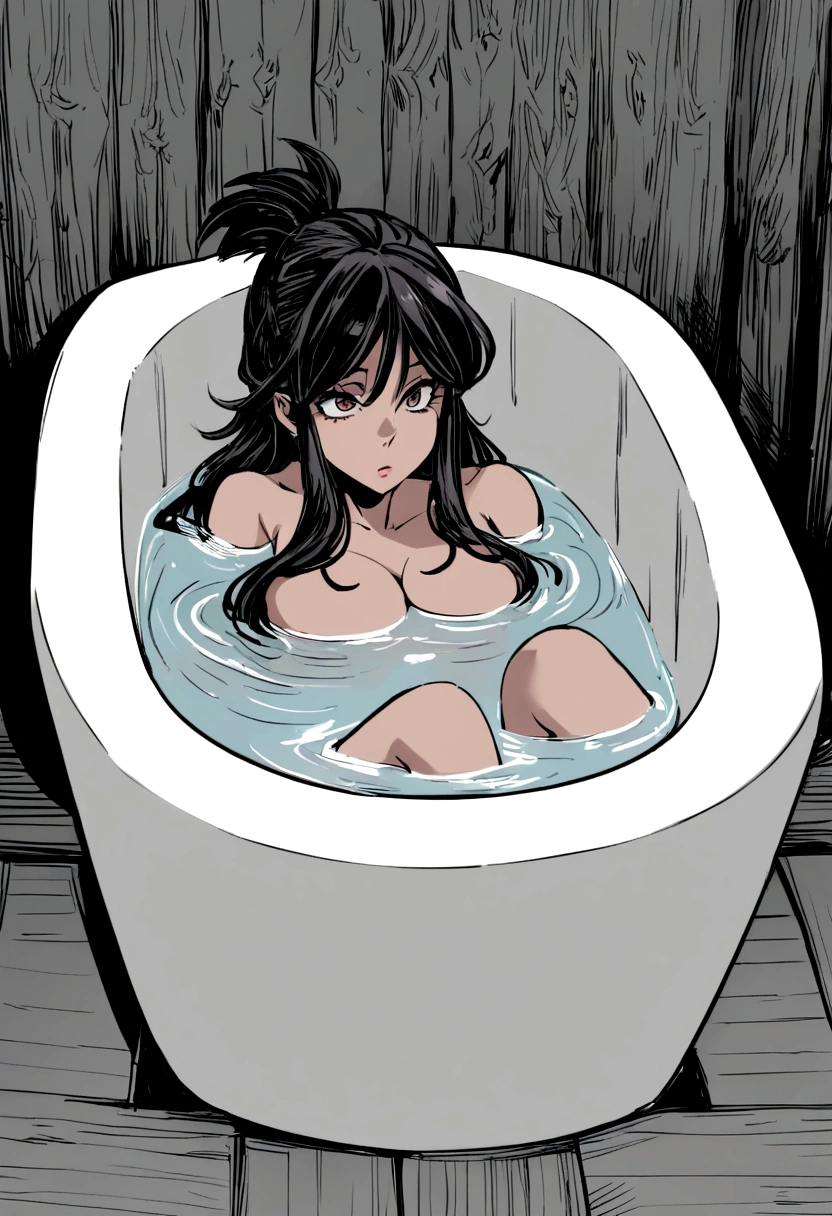 Mujer cabello negro puntas moradas corto, pechos enormes, in a bathtub, desnuda