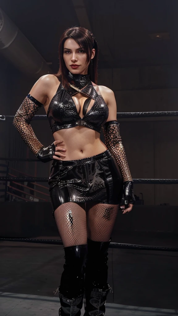 araffe woman in a black outfit posing in a boxing ring, glamorous tifa lockheart, chrome outfit, black leather costume, posing ready for a fight, inspired by Randy Vargas, imposing and dominating, posing for a fight intricate, sexy dominant pose, diesel punk female, in a leather corset, portrait of tifa lockhart, tifa lockheart