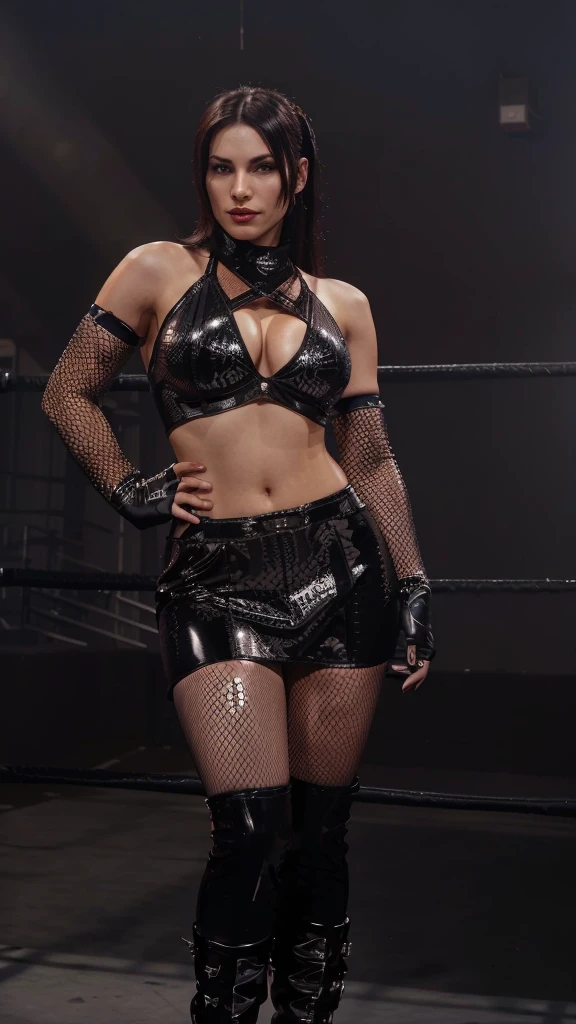 araffe woman in a black outfit posing in a boxing ring, glamorous tifa lockheart, chrome outfit, black leather costume, posing ready for a fight, inspired by Randy Vargas, imposing and dominating, posing for a fight intricate, sexy dominant pose, diesel punk female, in a leather corset, portrait of tifa lockhart, tifa lockheart