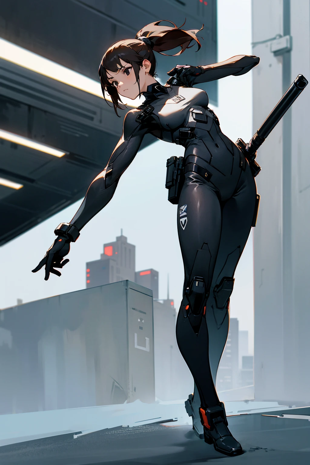 1female, brown hair, ponytail, black eyes, guns in background, sniper on back, full body combat suit, expressionless, black suit with white accents, city background, standing on path, hands behind back