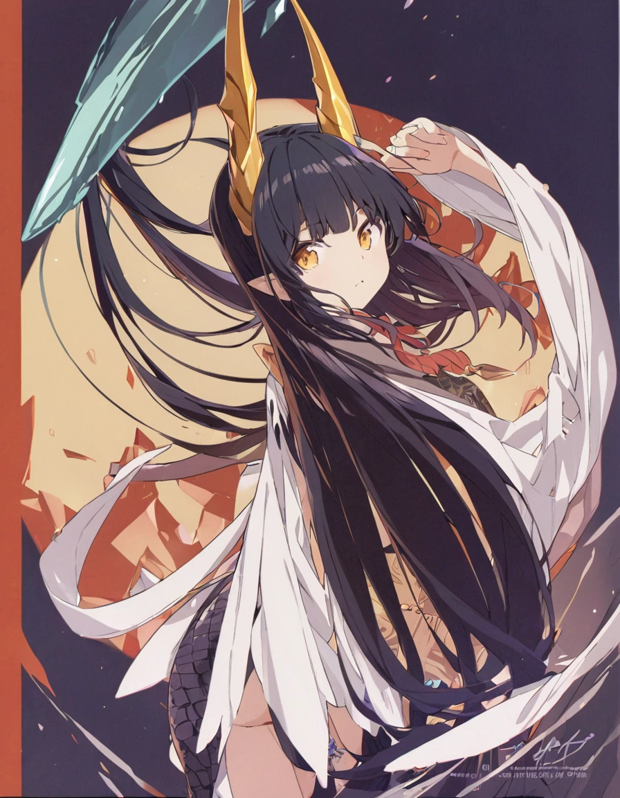 Dragon girl with crystal golden horn Black Hair