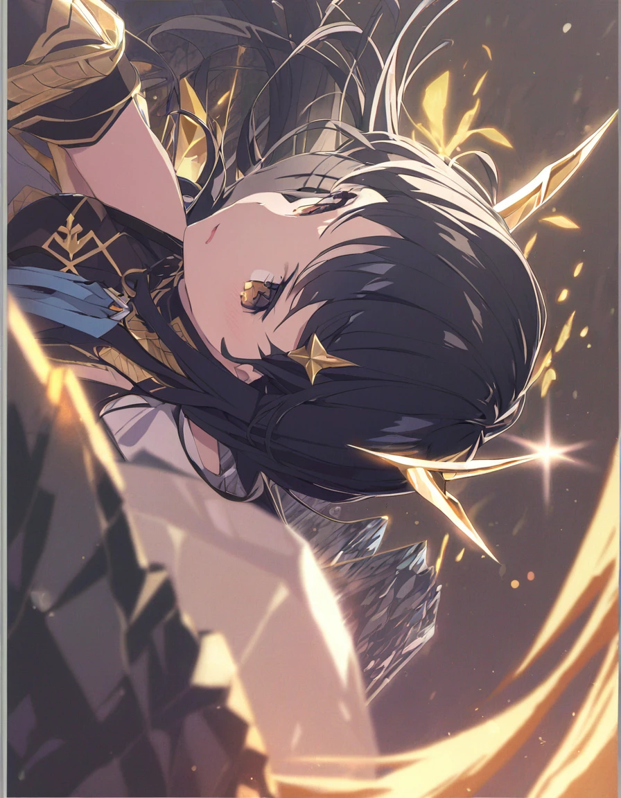Dragon girl with crystal　golden horn　Black Hair