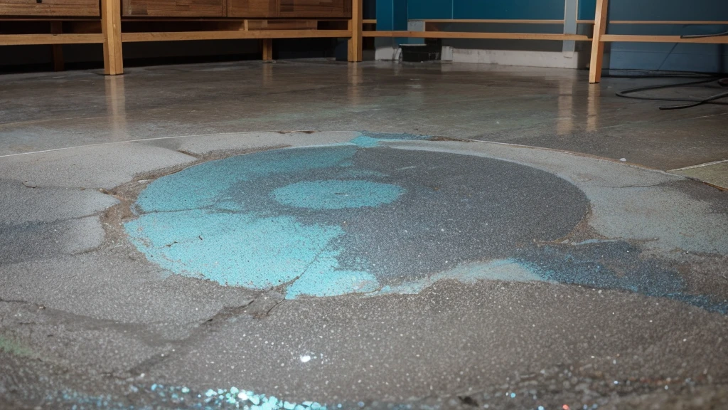 crie uma imagem, Cesium 137 Accident, imagem de cima pra baixo, a more faded and finished floor, terra, cascalho e galhos jogados, a blue and shiny powder in the center of the image generating a focus on it, image with more finished coloring