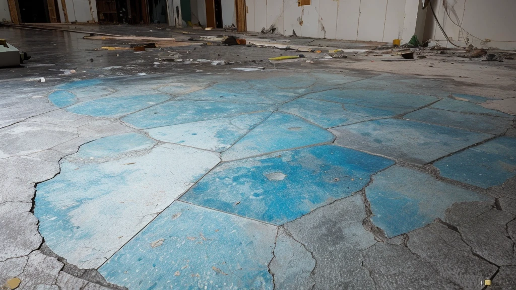 crie uma imagem, Cesium 137 Accident, imagem de cima pra baixo, a more faded and finished floor, terra, cascalho e galhos jogados, a blue and shiny powder in the center of the image generating a focus on it, image with more finished coloring