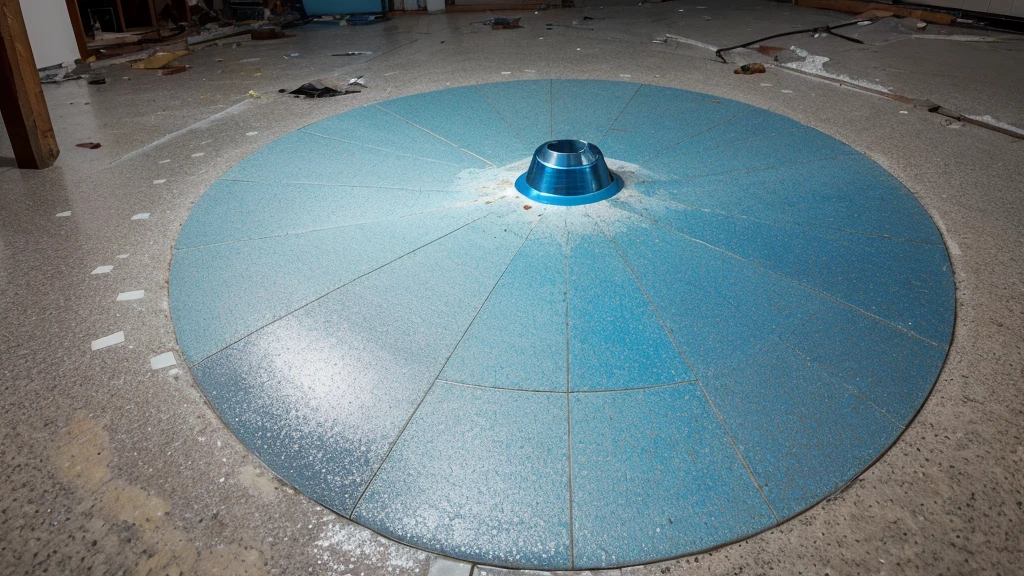 crie uma imagem, Cesium 137 Accident, imagem de cima pra baixo, a more faded and finished floor, terra, cascalho e galhos jogados, a blue and shiny powder in the center of the image generating a focus on it, image with more finished coloring