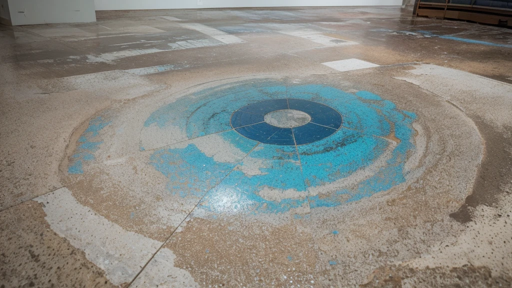 crie uma imagem, Cesium 137 Accident, imagem de cima pra baixo, a more faded and finished floor, terra, cascalho e galhos jogados, a blue and shiny powder in the center of the image generating a focus on it, image with more finished coloring
