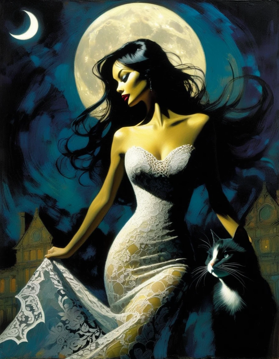 the sexy girl and the cat and the half moon, night, lace dress (inspirational art by Dave McKean, oil painting, brush stroke details that enhance depth)
