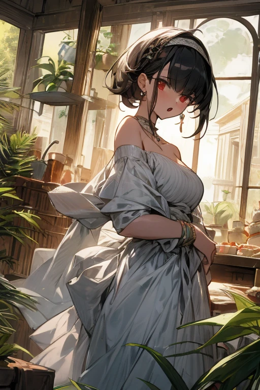 masterpiece, yor, 1girl, Amazing Cleavage:1.3, thin waist, big ass, Raised sexy, medium breast: 1.8 posed cleavage:1.2、solo, looking at viewer, open mouth, have a cup of coffee,black hair, red eyes, dress, bare shoulders, jewelry, collarbone, sidelocks, hairband, earrings, indoors, off shoulder, :o, sweater, arms behind back, plant, short hair with long locks, white hairband, off-shoulder dress, sweater dress, off-shoulder sweater, red sweater, big side hair, very long side hair,is rendered in (masterpiece: 1.2, best quality), with (ultra high resolution) and an exquisite (depth of field). This masterpiece is not only visually stunning but also tells, make of cake cooking ,in the kitchen
