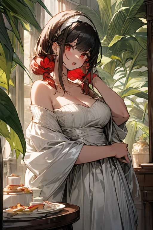 masterpiece, yor, 1girl, Amazing Cleavage:1.3, thin waist, big ass, Raised sexy, medium breast: 1.8 posed cleavage:1.2、solo, looking at viewer, open mouth, have a cup of coffee,black hair, red eyes, dress, bare shoulders, jewelry, collarbone, sidelocks, hairband, earrings, indoors, off shoulder, :o, sweater, arms behind back, plant, short hair with long locks, white hairband, off-shoulder dress, sweater dress, off-shoulder sweater, red sweater, big side hair, very long side hair,is rendered in (masterpiece: 1.2, best quality), with (ultra high resolution) and an exquisite (depth of field). This masterpiece is not only visually stunning but also tells, make of cake cooking ,in the kitchen
