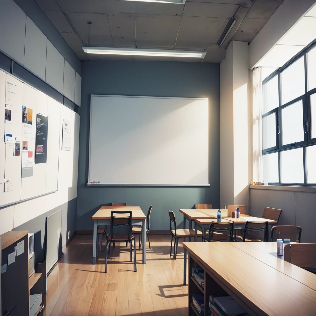 a room with white walls. there is a rectangular table in the middle. 5 people wearing lab coat is sitting on a chair in 3 sides of the table. a whiteboard is attached to the wall on the side where people are not sitting. a professor is giving lecture by using the whiteboard. the image is from the point of view of a person who is standing at the opposite corner of the whiteboard