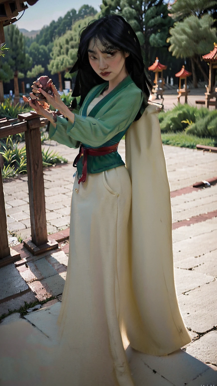 photo Mulan, beautiful woman, (skinny:1.2), correspond, Perfect skin, detailed hair, detailed face, beautiful eyes,
((Sexy Green Tang Heavy Plate Armor)),
(blurred background of Suzhou garden, picturesque), (Standing sex position), (front view),
Erotic, elegant, sensual, seductive, (masterpiece, Best quality), (Photorealistic:1.4), whole body, Ideal lighting, (best shadow),
Mulanvaifu,