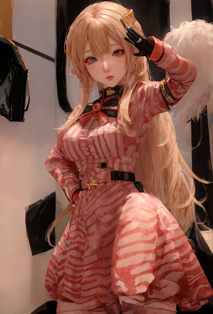 A female anime character with blonde hair and blue eyes, dressed in a futuristic military uniform. The uniform is predominantly pink with red and white accents, featuring gold and black details. She is saluting with her right hand,. The character has a confident and strong expression, with a background that is transparent