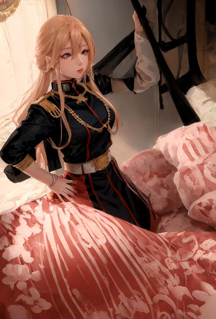 A female anime character with blonde hair and blue eyes, dressed in a futuristic military uniform. The uniform is predominantly pink with red and white accents, featuring gold and black details. She is saluting with her right hand,. The character has a confident and strong expression, with a background that is transparent