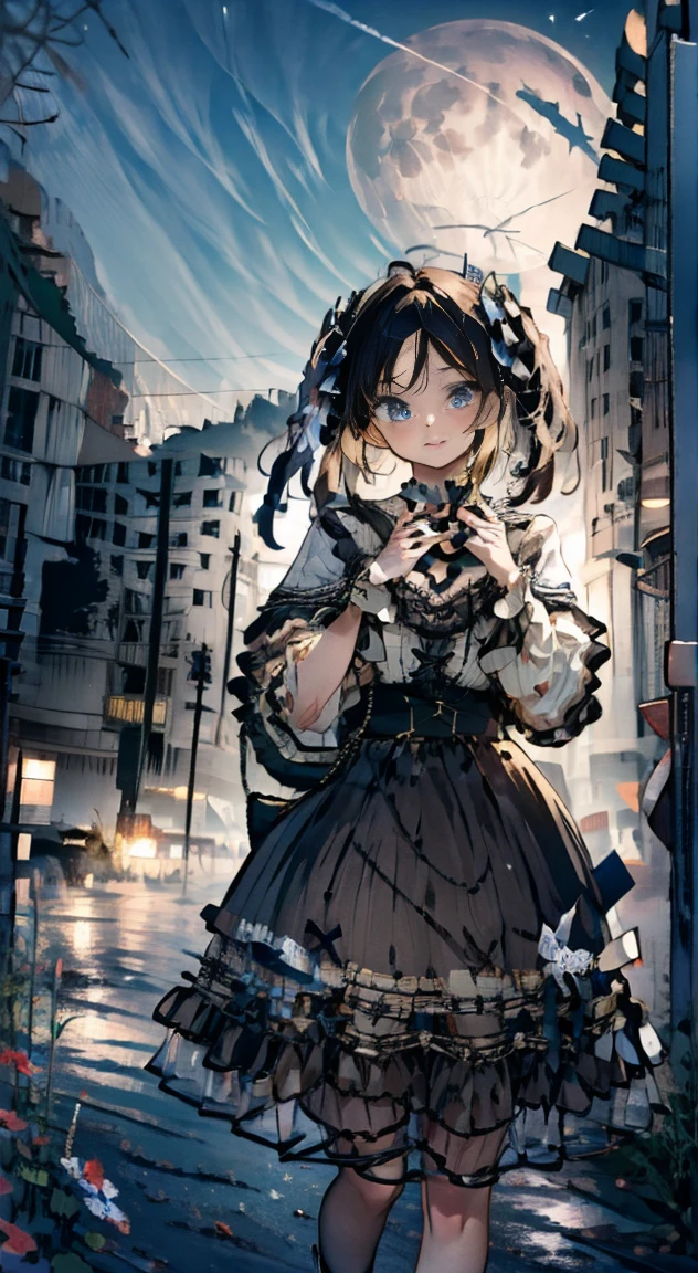 masterpiece, highest quality, (anime screencap:1.3),(shape), cute,(simple:1), (anime:1.2),Solo Sharp Focus, 1 girl, cleavage,looking at the viewer, Japan,nighttime,gold hair,((mini skirt)),Are standing, twin tails,summer ,((Black Gothic Costume)),red ribbon,dark gothic,abandoned house,lolita fashion,hair ribbon,cowboy shot,in the nighttime,Fullmoon,rainy days,umbrella,puffy eyes,
