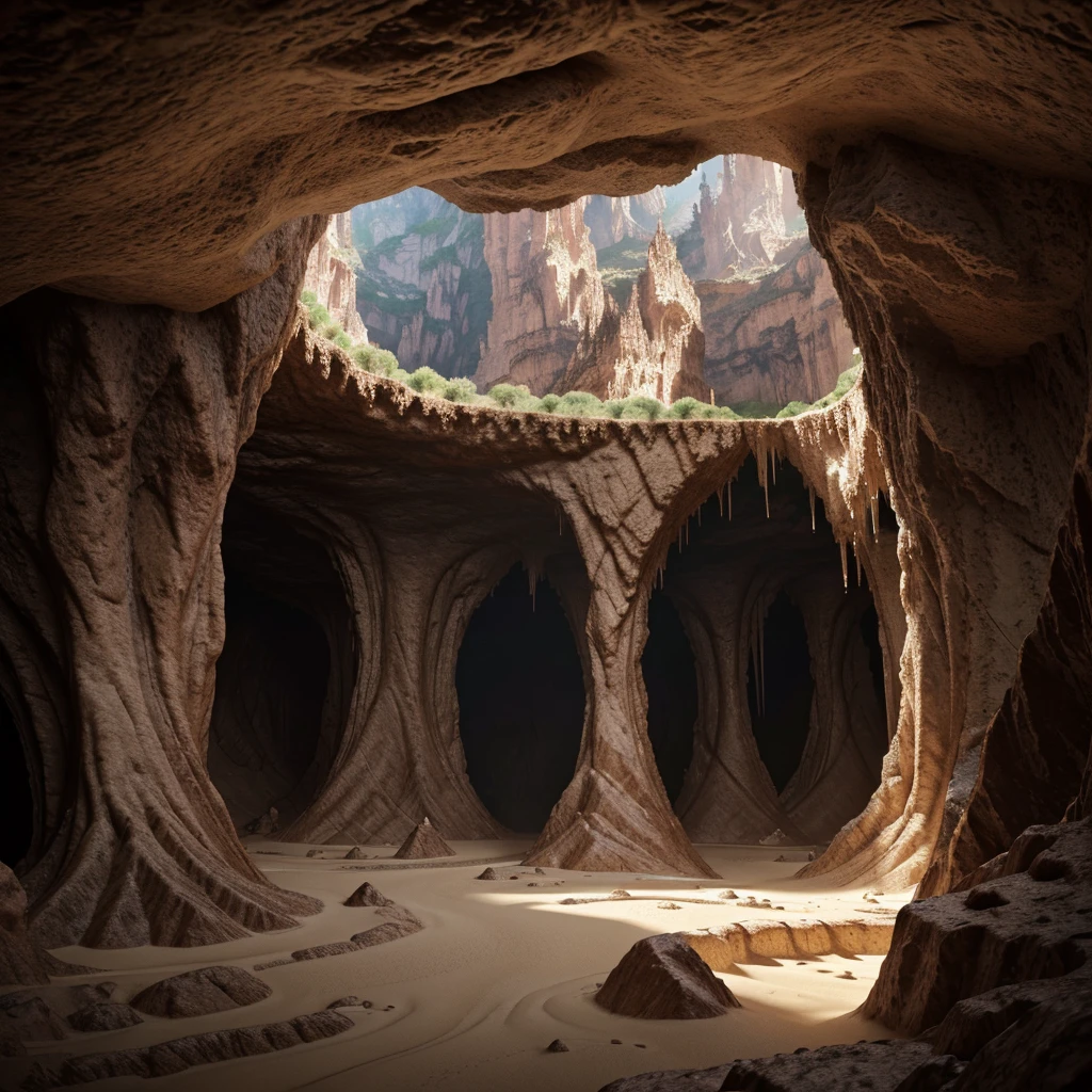 hay muchas cavidades invertidas (diferentes habitaciones, unidas por salientes de mandelbulb que forman pasadizos) in the middle of an underground canyon that makes up a mandelbulb mud village at different heights with many balconies and stalactites and stalactites, fantasy architecture, Arte digital 4k muy detallado, beautiful detailed fantasy, stunning fantasy landscape, detailed fantasy digital art, arstation y pitido altamente, fantasy style octane 8k rendering, stuning fantasy 3d rendering, 4k detail fantasy, fantasy 3d rendering, pitido de renderizado 3D, deep masive desert landscape, stalacmite cave laberinto very confuse type geonosis bubbes