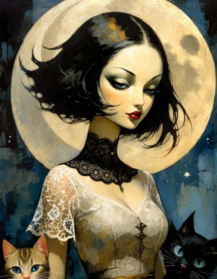the sexy girl and the cat and the half moon, night, lace dress (inspirational art by Dave McKean, oil painting, brush stroke details that enhance depth)