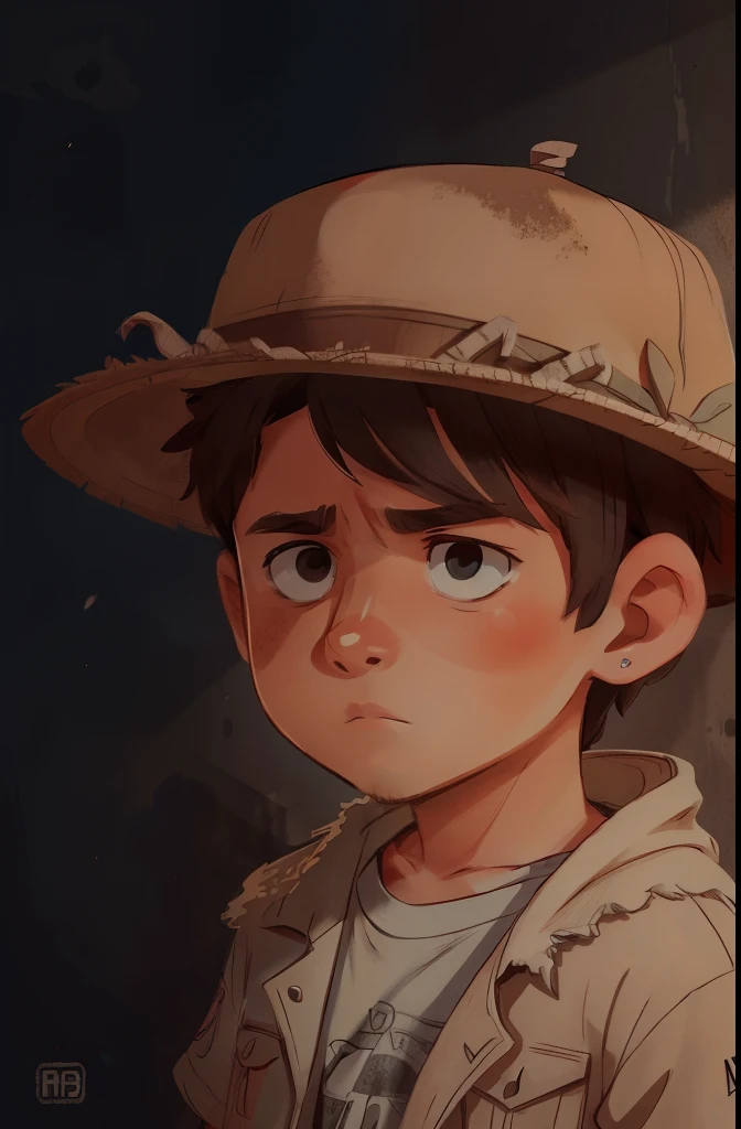 Um menino de 15 anos, olhos tristes e desabrigados, low spirit and dirty cement, roupas rituais com fissuras e manchas, covered with a worn shirt and old hat, Hypnotic, captura a pobreza em um fundo de foco profundo, sem desfoque, retrato zoada.