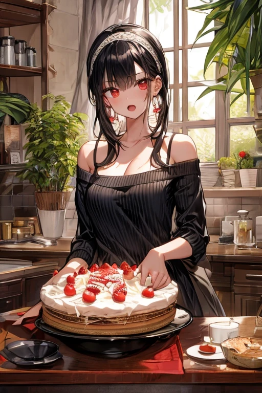 masterpiece, yor, 1girl, Amazing Cleavage:1.3, thin waist, big ass, Raised sexy, medium breast: 1.8 posed cleavage:1.2、solo, looking at viewer, open mouth, have a cup of coffee,black hair, red eyes, dress, bare shoulders, jewelry, collarbone, sidelocks, hairband, earrings, indoors, off shoulder, :o, sweater, arms behind back, plant, short hair with long locks, white hairband, off-shoulder dress, sweater dress, off-shoulder sweater, red sweater, big side hair, very long side hair,is rendered in (masterpiece: 1.2, best quality), with (ultra high resolution) and an exquisite (depth of field). This masterpiece is not only visually stunning but also tells, make of cake cooking ,in the kitchen
