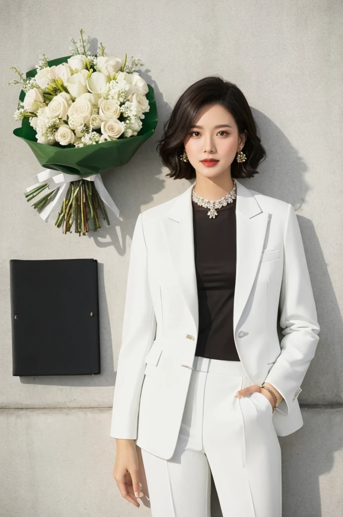 1 Girl，(The only person:1.4),(White business suit:1.4)，A bouquet of white flowers，No shirt