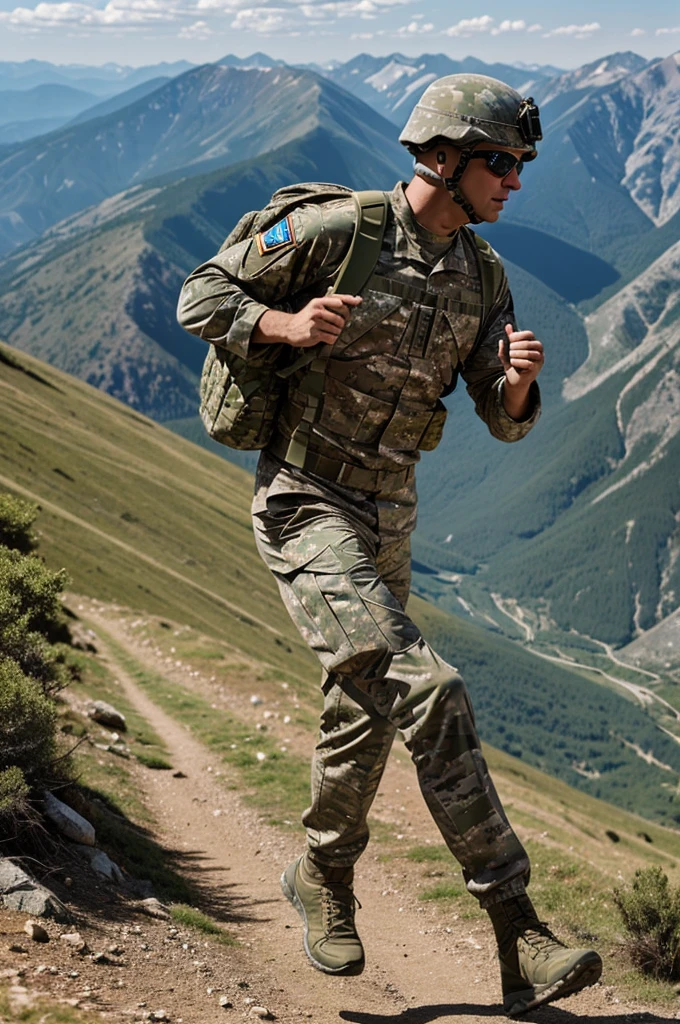 I want a soldier in camouflage running to a hill or mountain
