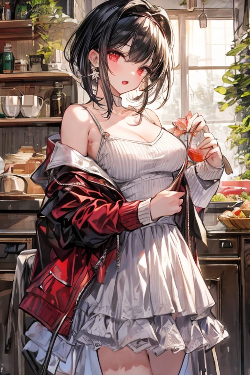 masterpiece, yor, 1girl, Amazing Cleavage:1.3, thin waist, big ass, Raised sexy, medium breast: 1.8 posed cleavage:1.2、solo, looking at viewer, open mouth, have a cup of coffee,black hair, red eyes, dress, bare shoulders, jewelry, collarbone, sidelocks, hairband, earrings, indoors, off shoulder, :o, sweater, arms behind back, plant, short hair with long locks, white hairband, off-shoulder dress, sweater dress, off-shoulder sweater, red sweater, big side hair, very long side hair,is rendered in (masterpiece: 1.2, best quality), with (ultra high resolution) and an exquisite (depth of field). This masterpiece is not only visually stunning but also tells, make of cake cooking ,in the kitchen