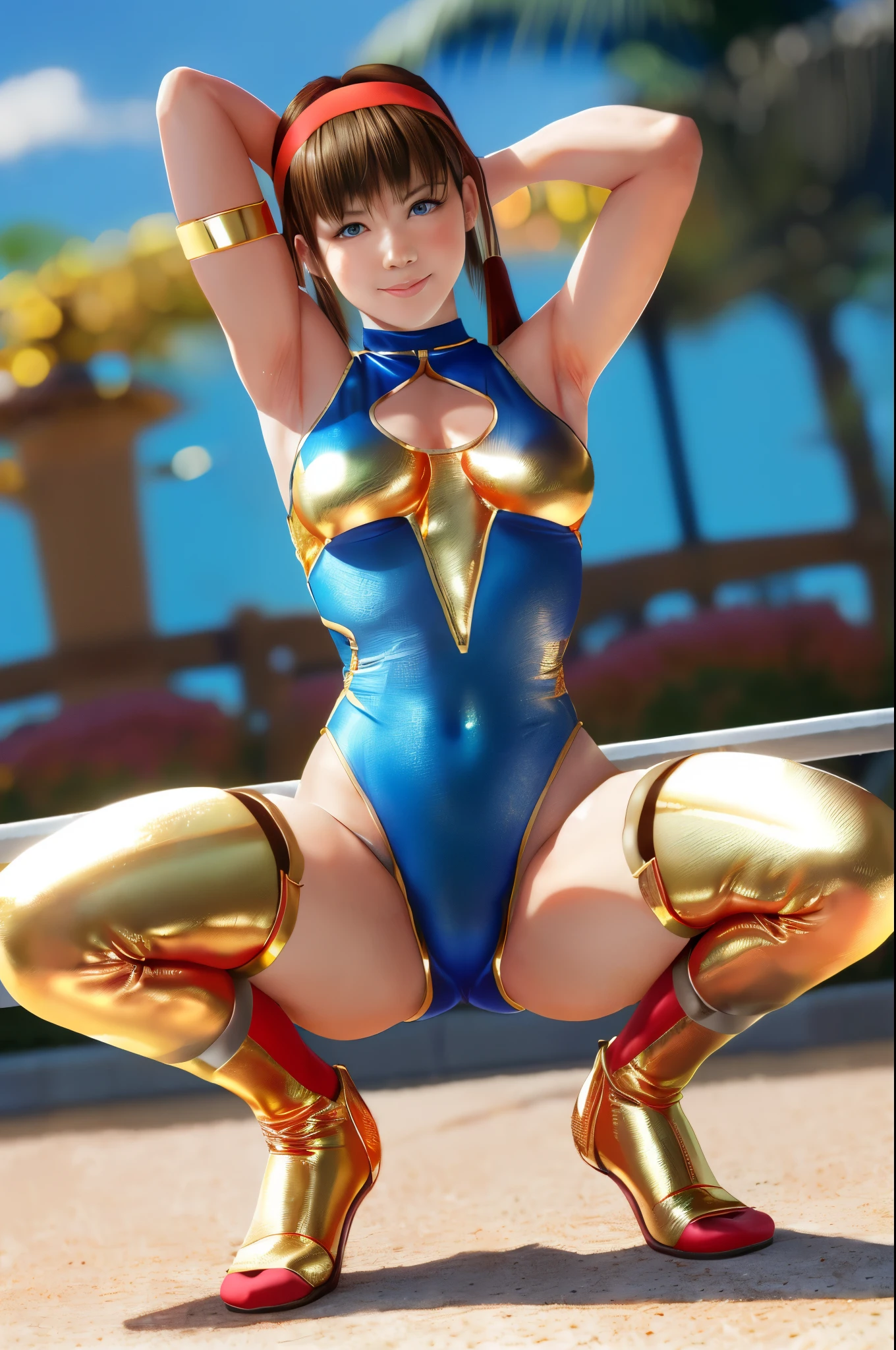 Top image quality、top-quality、8K picture quality、(((front view)))、(((cameltoe)))、1girll、full body Esbian、hitomi、A smile、embarrassed from、red blush、Beautiful fece、(Blue Eyes)、(Red headband:1.2)、(Gold Metallic:1.4)、(Sleeveless)、(High neck competitive swimsuit)、(highleg)、(Crotch penetration)、(pin heels)、Squatting on the ground、(Open your crotch wide from side to side)、Arms behind head、(Show off your armpits)、Gaze towards the viewer))、((Show viewers your crotch)) 、((Frontal shot))、in poolside、profetional lighting、professional photograpy