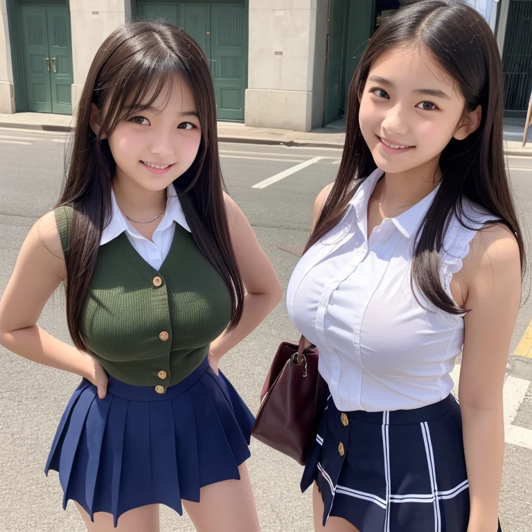 (high quality)、(High resolution)、Two junior high school students、Look at me with a smile、whole body、Big Breasts、Sleeveless shirt with buttons and collar、Tight mini skirt、Erect nipples