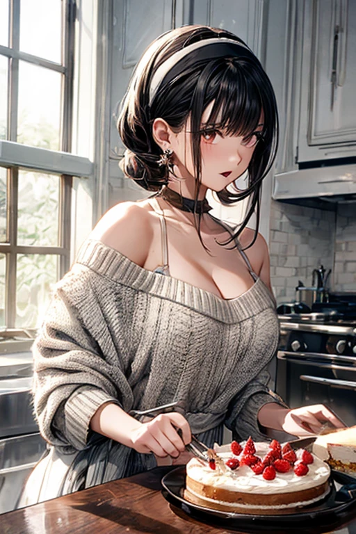 masterpiece, yor, 1girl, Amazing Cleavage:1.3, thin waist, big ass, Raised sexy, medium breast: 1.8 posed cleavage:1.2、solo, looking at viewer, open mouth, have a cup of coffee,black hair, red eyes, dress, bare shoulders, jewelry, collarbone, sidelocks, hairband, earrings, indoors, off shoulder, :o, sweater, arms behind back, plant, short hair with long locks, white hairband, off-shoulder dress, sweater dress, off-shoulder sweater, red sweater, big side hair, very long side hair,is rendered in (masterpiece: 1.2, best quality), with (ultra high resolution) and an exquisite (depth of field). This masterpiece is not only visually stunning but also tells, make of cake cooking ,in the kitchen