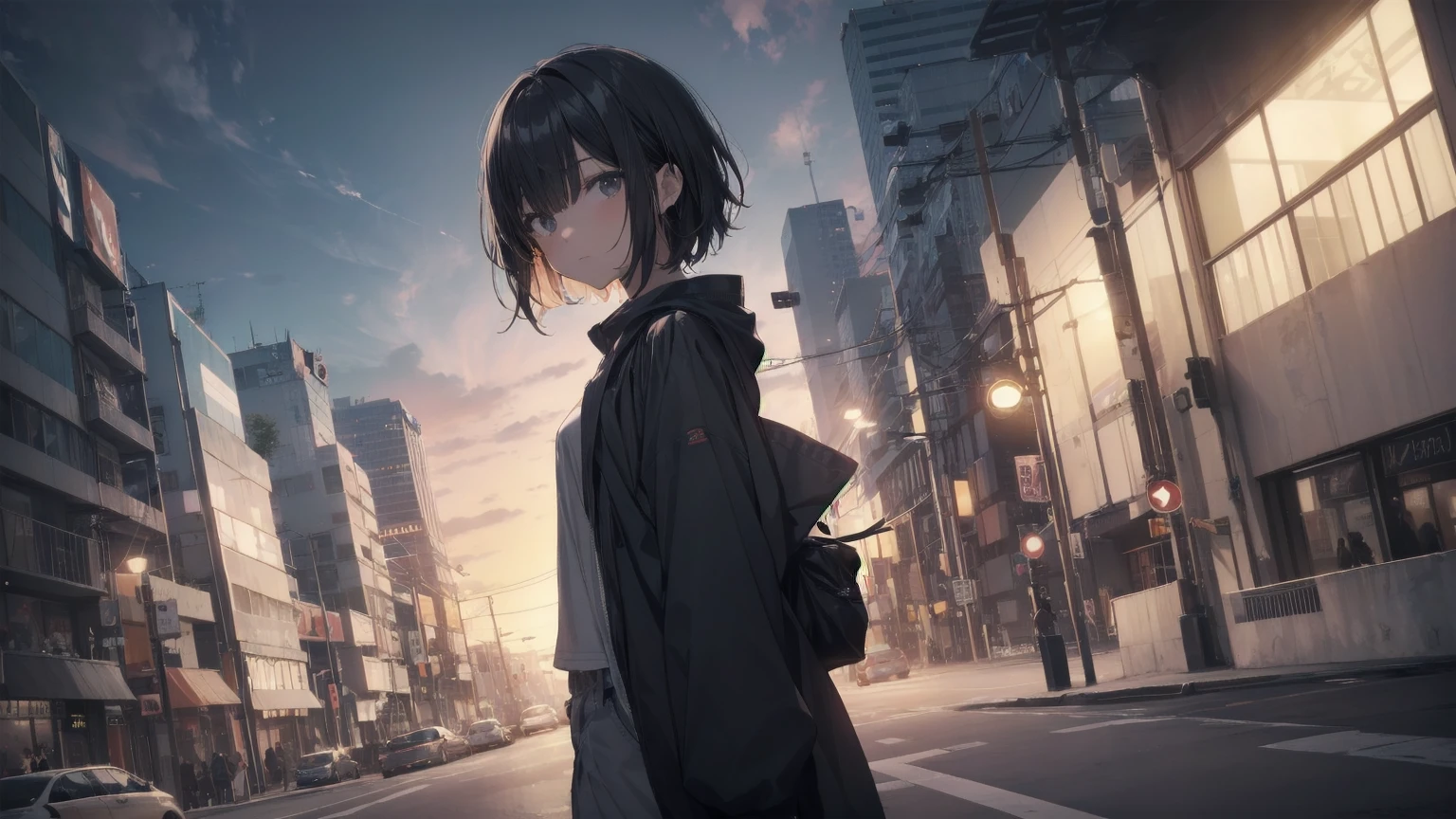 Ninja... Cool and... fast.!God Quality, Anime Moe Art Style,Best Anime 8K Konachan Wallpaper,Amazing Anime 8K,Perfect Anatomy, (Please draw a picture of a ninja girl looking down on the city from a rooftop..)From above at an angle,Dutch Angle,break, One girl is a ninja, (alone,change,,:1.3), The charm of androgyny, (Very short hair), Blunt bangs, Complete limbs, Full Finger,Flat Chest, Small Ass, between legs, Small eyes,Beautiful black eyes in 8k detail, Stand on the roof of a skyscraper. break,Super detailed,High resolution,Highly detailed skin, Professional Lighting, (cool illustration:1.2),