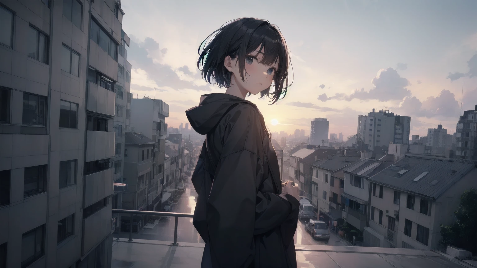 Ninja... Cool and... fast.!God Quality, Anime Moe Art Style,Best Anime 8K Konachan Wallpaper,Amazing Anime 8K,Perfect Anatomy, (Please draw a picture of a ninja girl looking down on the city from a rooftop..)From above at an angle,Dutch Angle,break, One girl is a ninja, (alone,change,,:1.3), The charm of androgyny, (Very short hair), Blunt bangs, Complete limbs, Full Finger,Flat Chest, Small Ass, between legs, Small eyes,Beautiful black eyes in 8k detail, Stand on the roof of a skyscraper. break,Super detailed,High resolution,Highly detailed skin, Professional Lighting, (cool illustration:1.2),