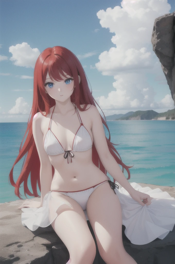 long red hair, girl, white dress, with completely black bikini, blue eyes