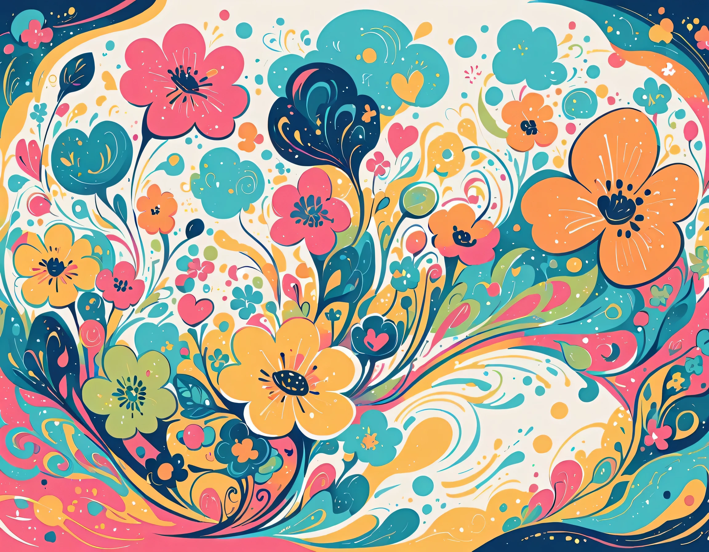 Seizo Watase style, Simple Line Initialism,Abstract art,Urban Background, colorful flowers, colorful hearts ,No people