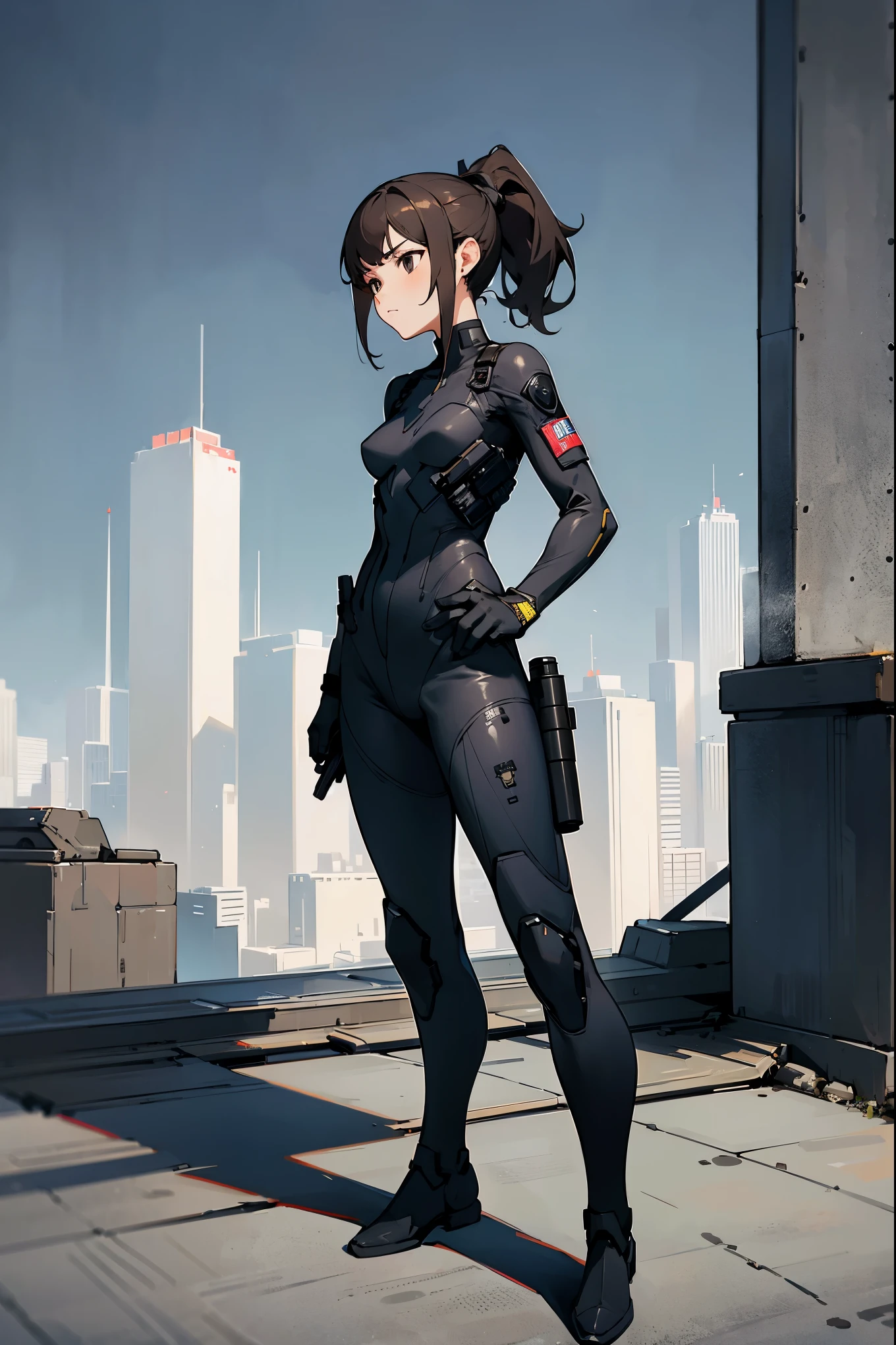 1female, brown hair, ponytail, black eyes, guns in background, sniper on back, full body combat suit, expressionless, black suit with white accents, city background, standing on path, hands behind back