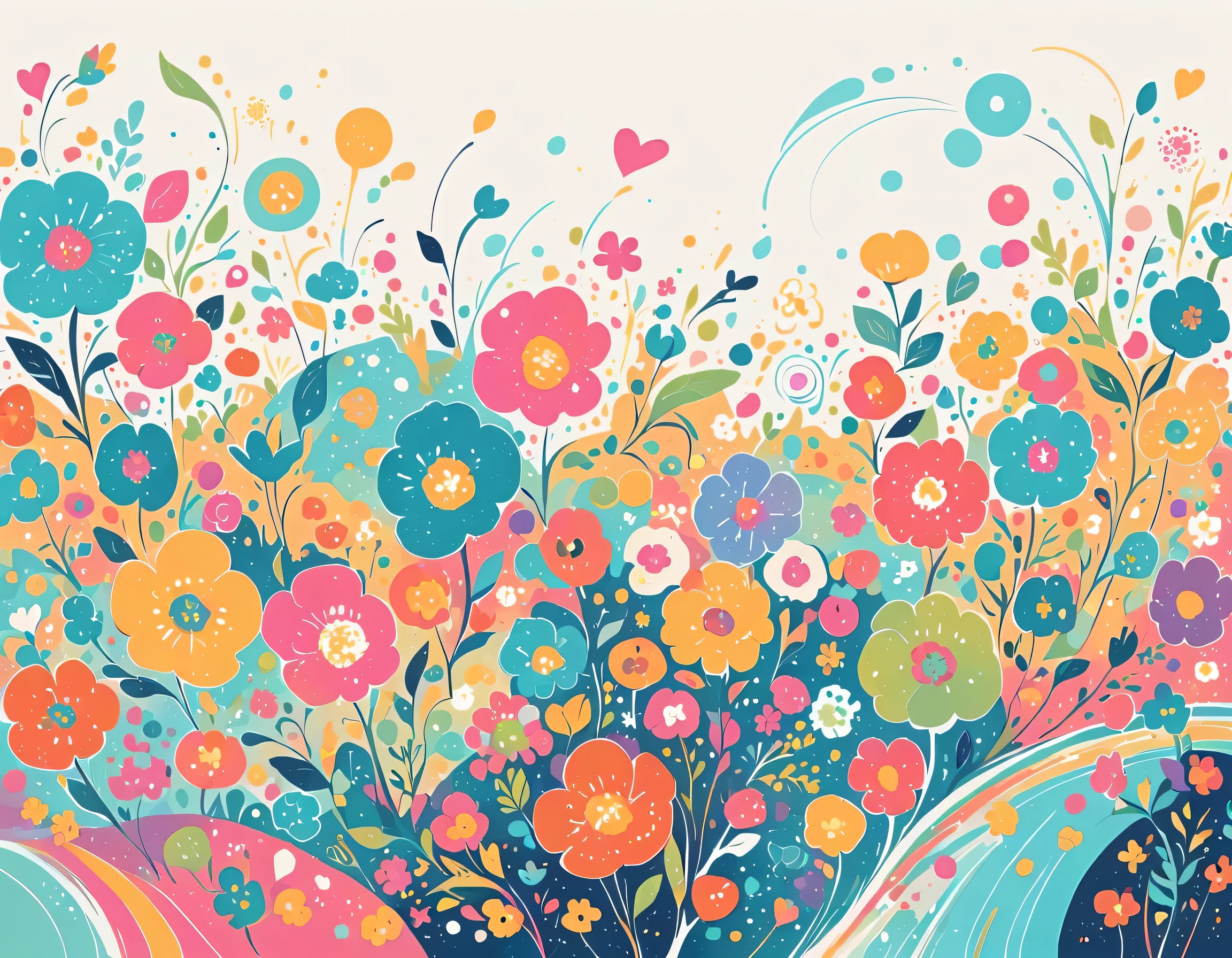 Seizo Watase style, Simple Line Initialism,Abstract art,Urban Background, colorful flowers, colorful hearts ,No people