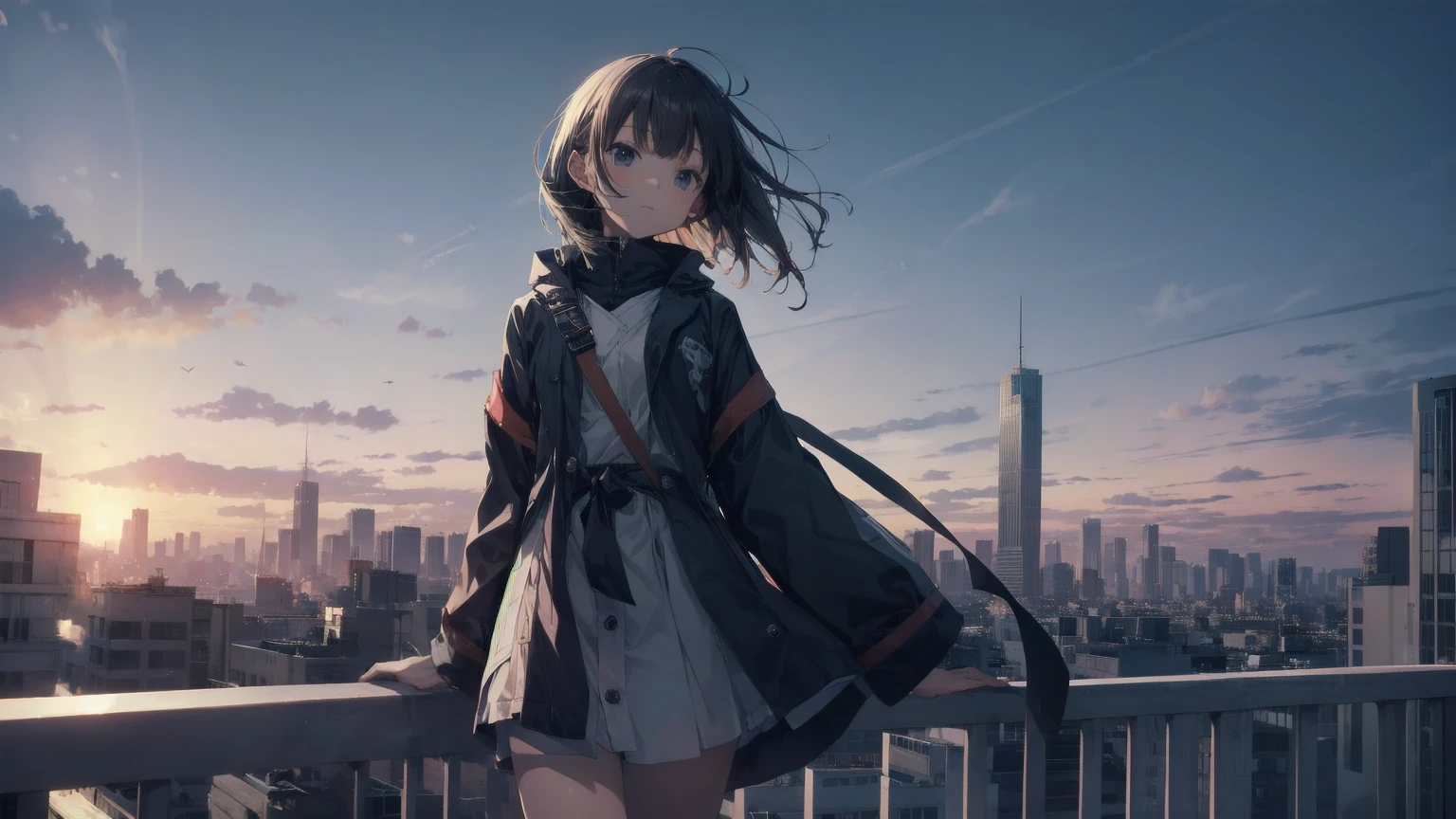 Ninja... Cool and... fast.!God Quality, Anime Moe Art Style,Best Anime 8K Konachan Wallpaper,Amazing Anime 8K,Perfect Anatomy, (Please draw a picture of a ninja girl looking down on the city from a rooftop..)From above at an angle,Dutch Angle,break, One girl is a ninja, (alone,change,,:1.3), The charm of androgyny, (Very short hair), Blunt bangs, Complete limbs, Full Finger,Flat Chest, Small Ass, between legs, Small eyes,Beautiful black eyes in 8k detail, Stand on the roof of a skyscraper. break, I am on a mission.。Would enjoy...。Super detailed,High resolution,Highly detailed skin, Professional Lighting, (cool illustration:1.2),