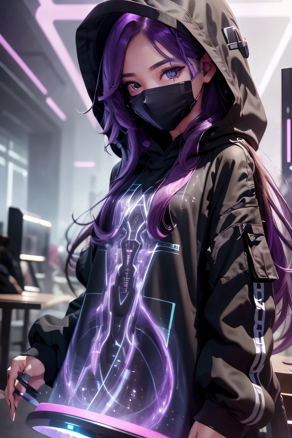 futuristic girl, dark skin, purple colored eyes, space, purple hair, blue hair, pink hair, long hair, dark skin, futuristic coffee shop
